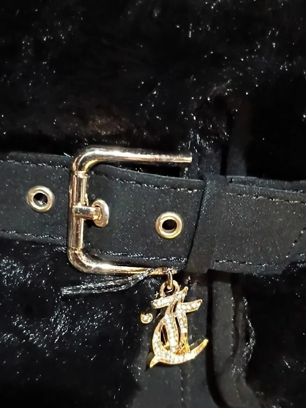 Juicy Couture Black Faux Fur Ankle Boots with Buckle Charm